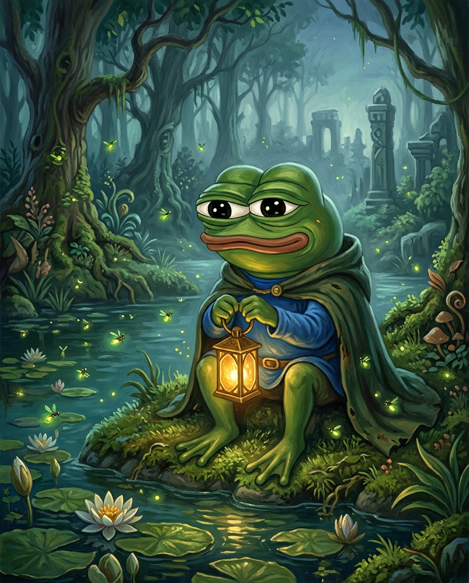 Apu holding a glowing lantern beside a woodland pond